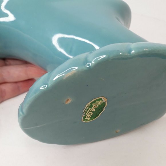 Vintage HAEGER Pottery Planter Blue Aqua Turquoise Clam Shell Wave Green Foil - Picture 10 of 12